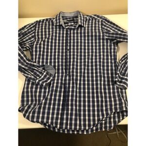 Bugatchi Men's XL 100% Cotton Long Sleeve Blue Plaid Button Up Shirt Preppy Work